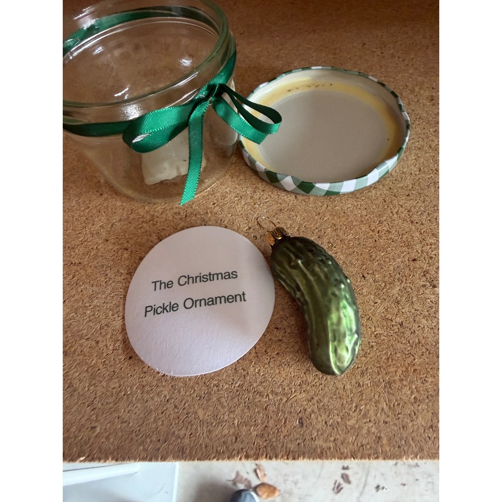 German Glass Christmas Pickle Ornament with Jar and Legend Card Green 2 Inch